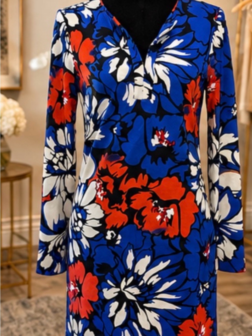 Diane von Furstenberg DVF Blue Red Floral Long Sleeve Dress Size 4